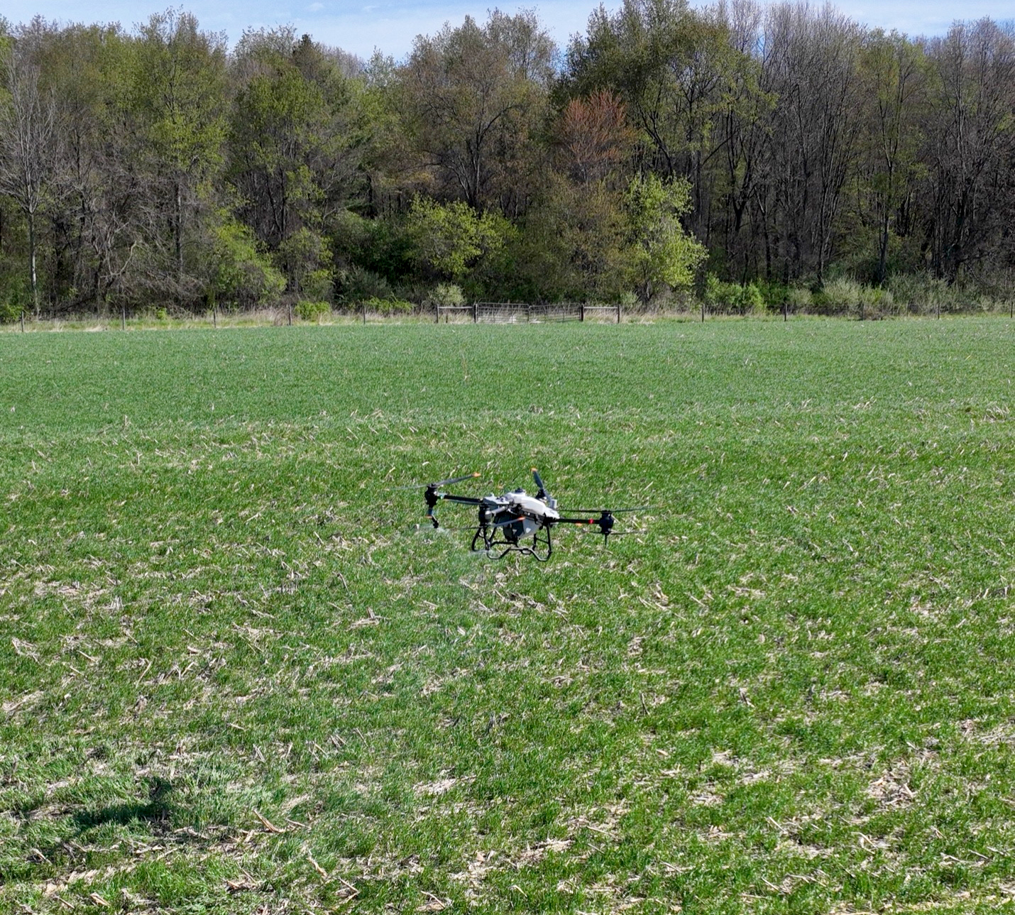 A drone flying over a field of crops.